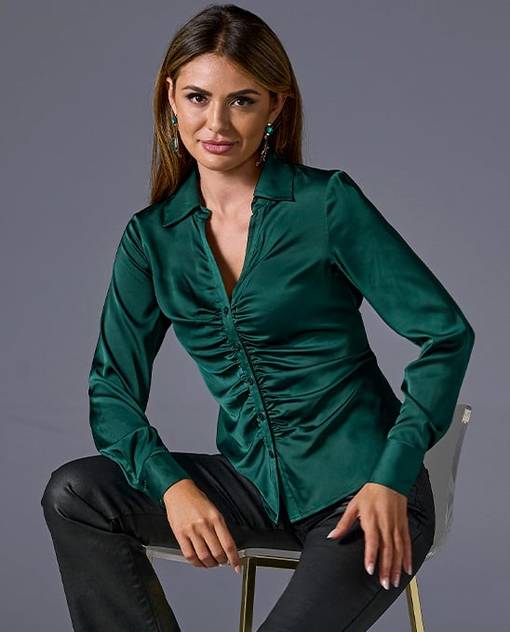models wearing emerald green button down
