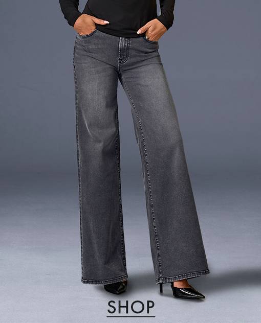 models wearing grey wash wide leg jeans