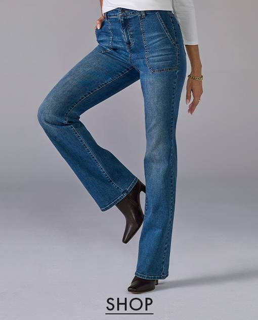 models wearing bootcut denim