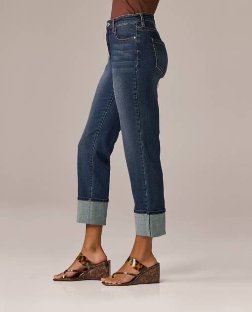 Models wearing dark denim jeans.