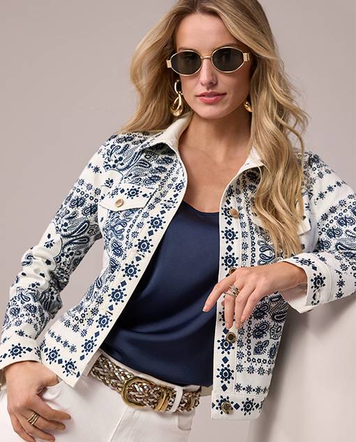 models wearing blue and white denim jacket
