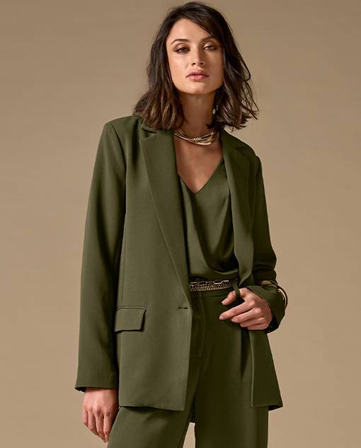Models wearing olive green blazer