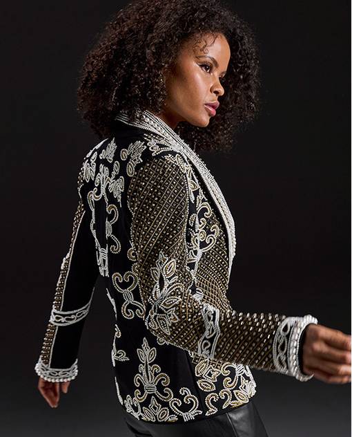 models wearing black and white statement jacket