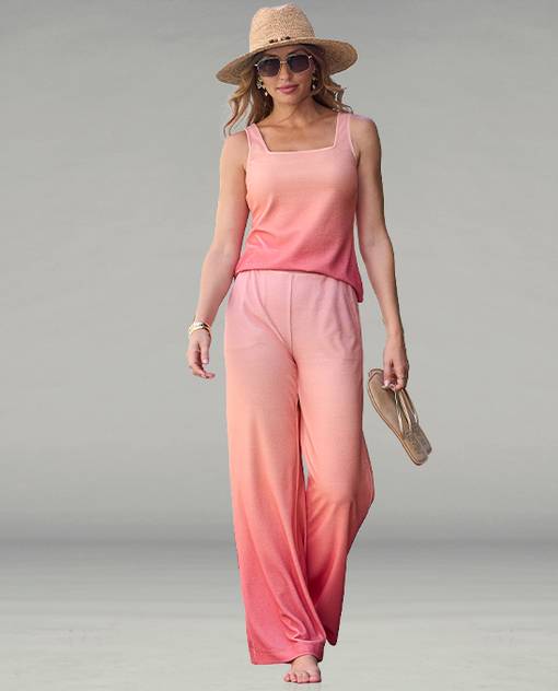 models wearing pink ombre beach terry set
