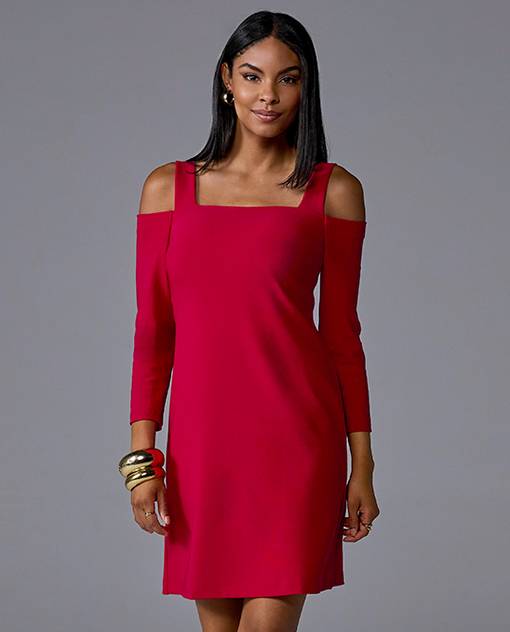 models wearing cold shoulder red dress