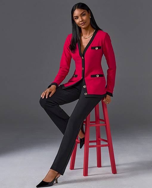 models wearing black and red cardigan top with black pants