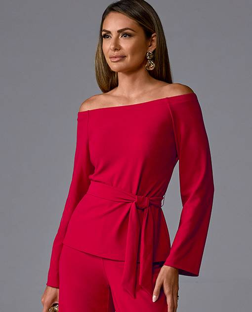 models wearing off the shoulder red tie-waist long sleeve top