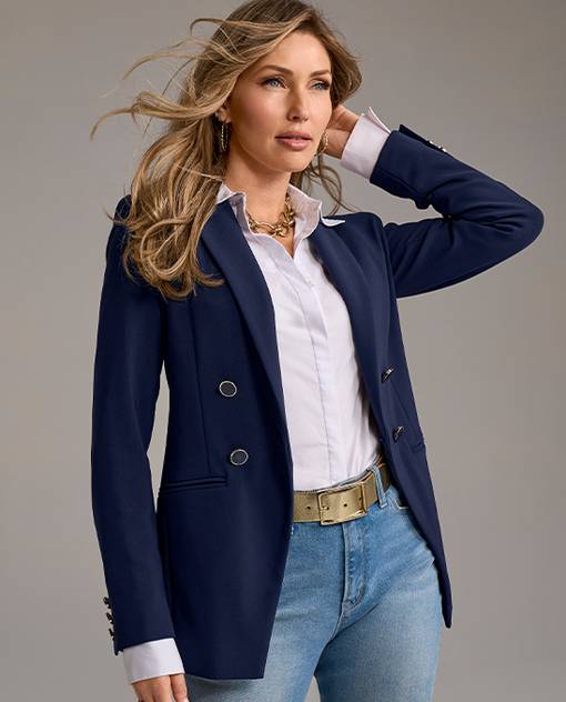 Models wearing a navy blazer and white button up