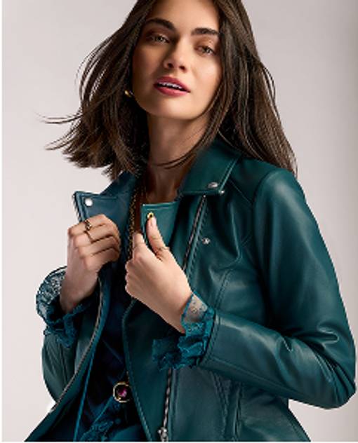 model wears green jacket