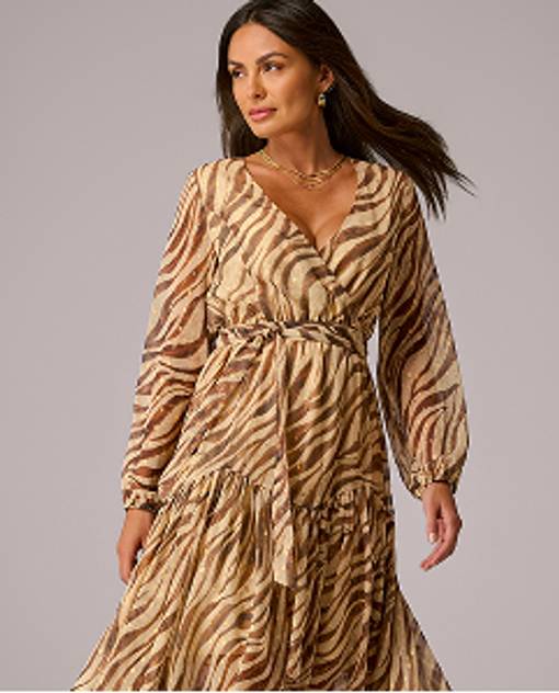 Models wearing a long sleeve zebra print dress.