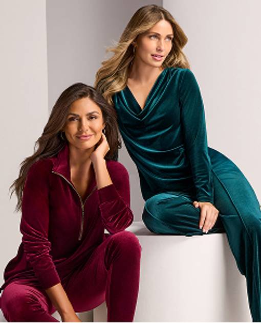 Models wearing athleisure sets in velvet