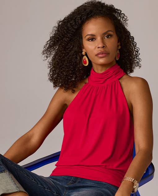 Models wearing a high neck blouse