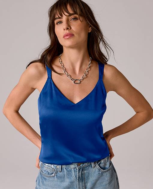 models wearing blue v-neck tank