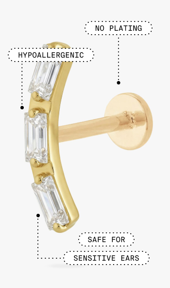 Close-up of a gold anodized titanium flatback stud with baguette-cut clear stones. Callouts highlight hypoallergenic titanium, no plating, and safe-for-sensitive-ears materials