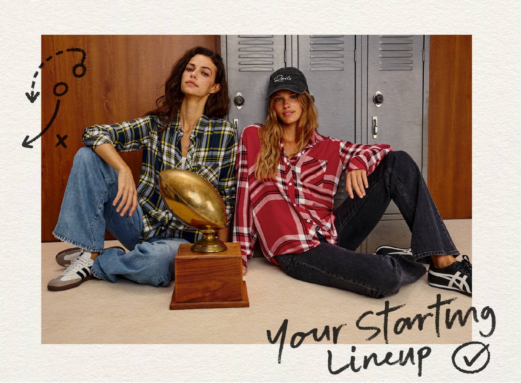 Game day outfits featuring two women in plaid shirts, jeans, and a football trophy, styled in front of school lockers.