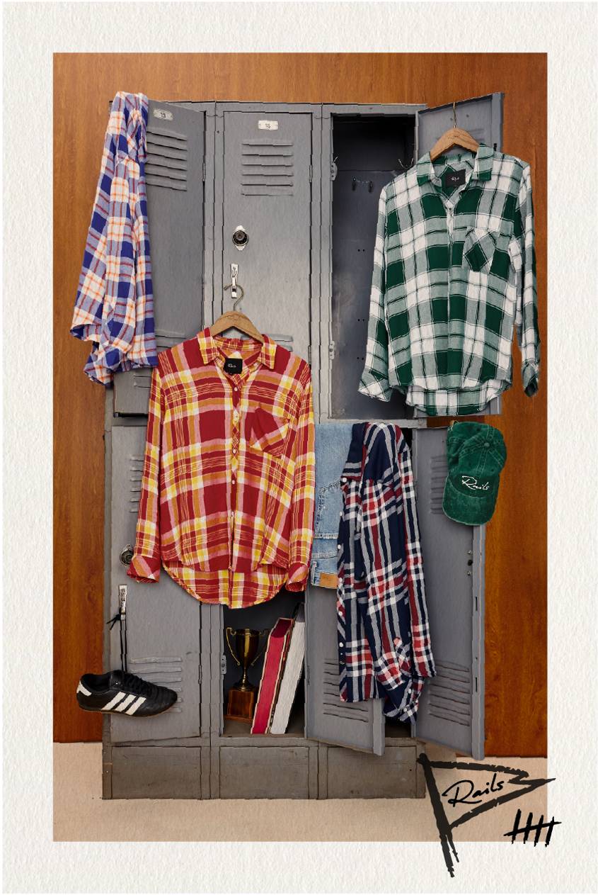 Game day outfits featuring plaid shirts, pants, and accessories styled against a college locker.
