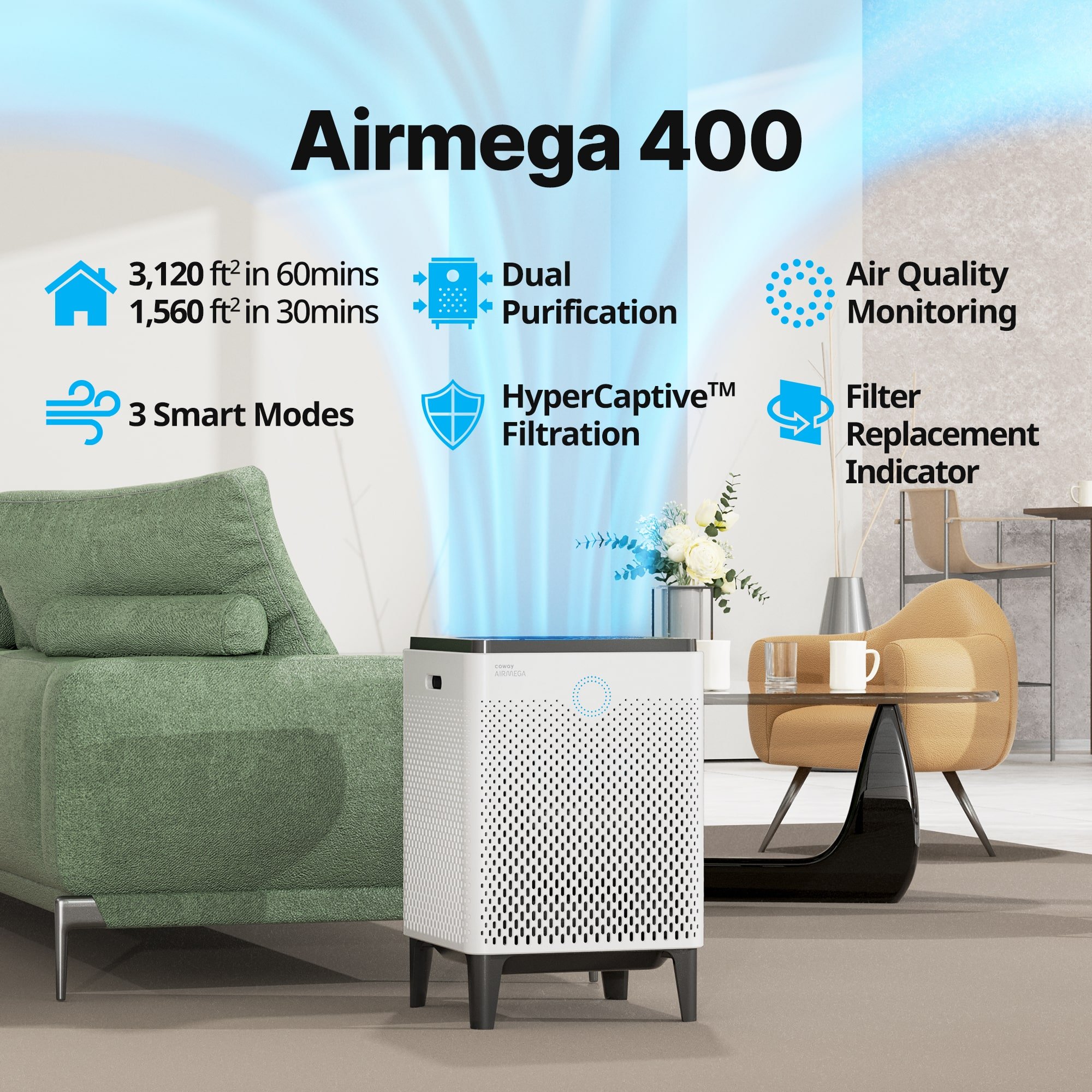 Coway Airmega 400 White in a living room