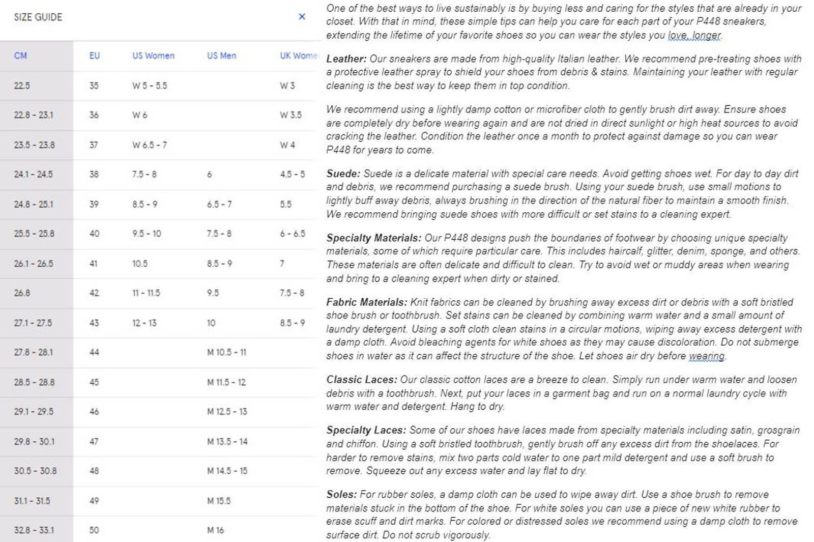 Product size guide