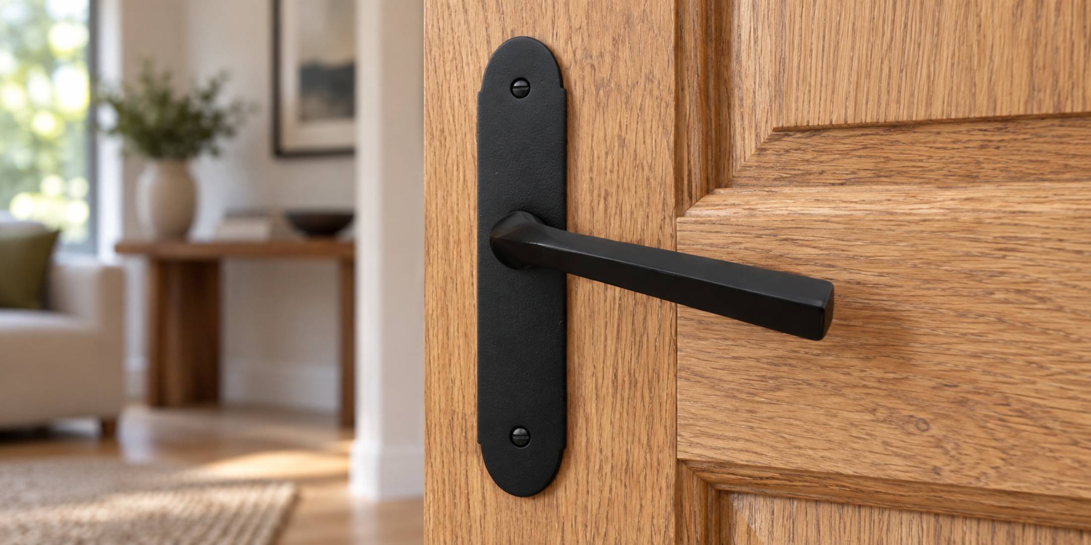 Drooping black door handle on wooden door