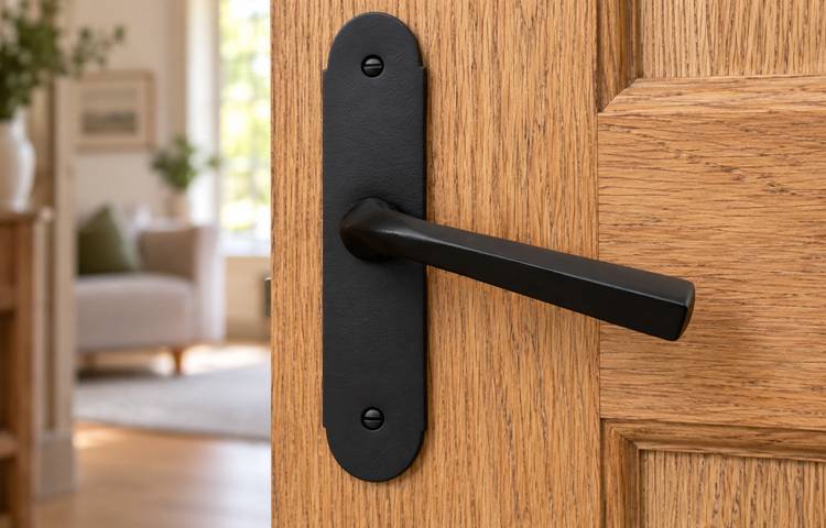 Drooping black door handle on wooden door