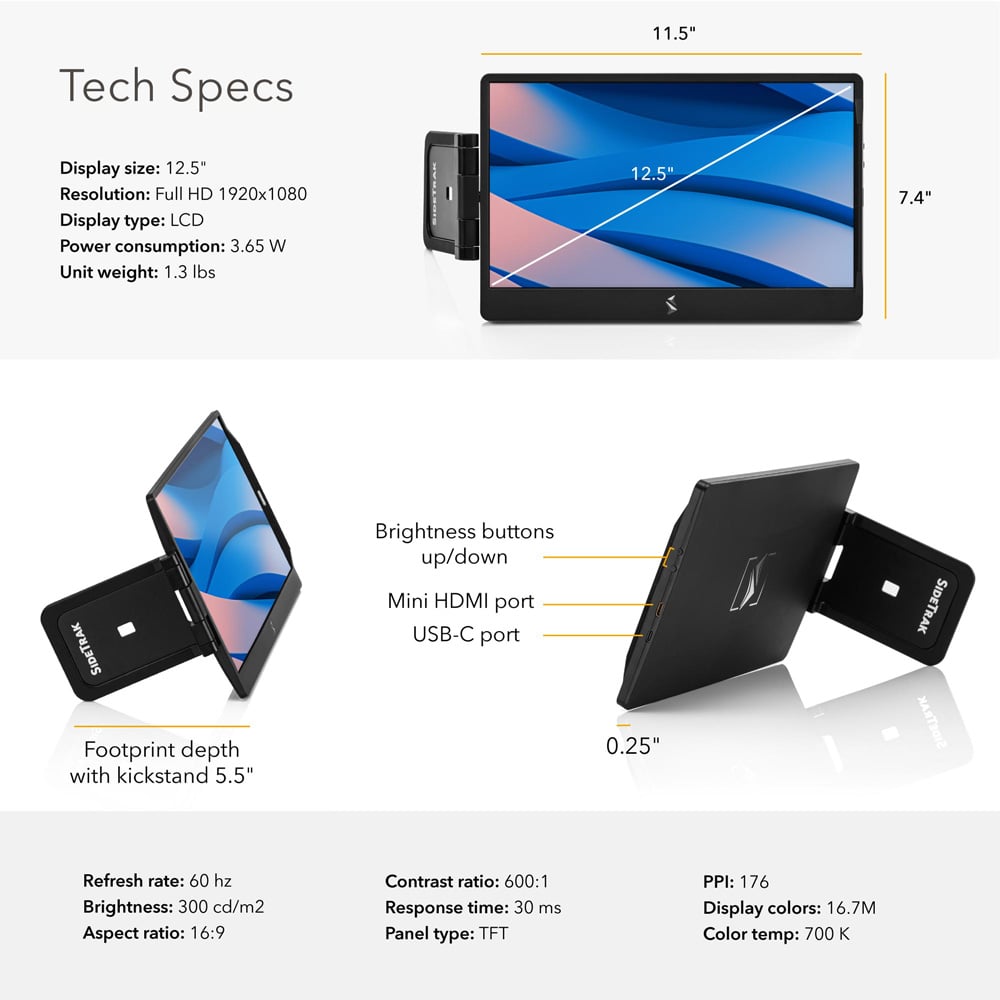 tech specs for swivel 12'' portable attachable monitor.