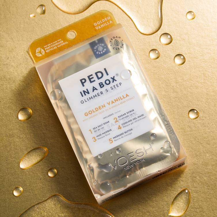 Pedi in a Box Golden Vanilla Glimmer on Sparkly Golden Background with Water Droplets