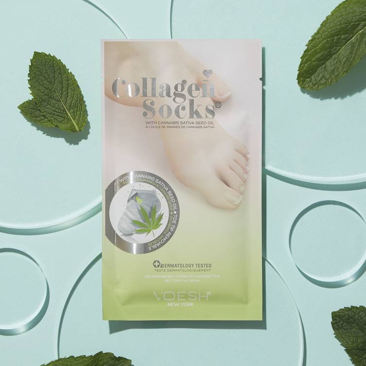 collagen socks with hemp oil packet on blue background with mint leaves