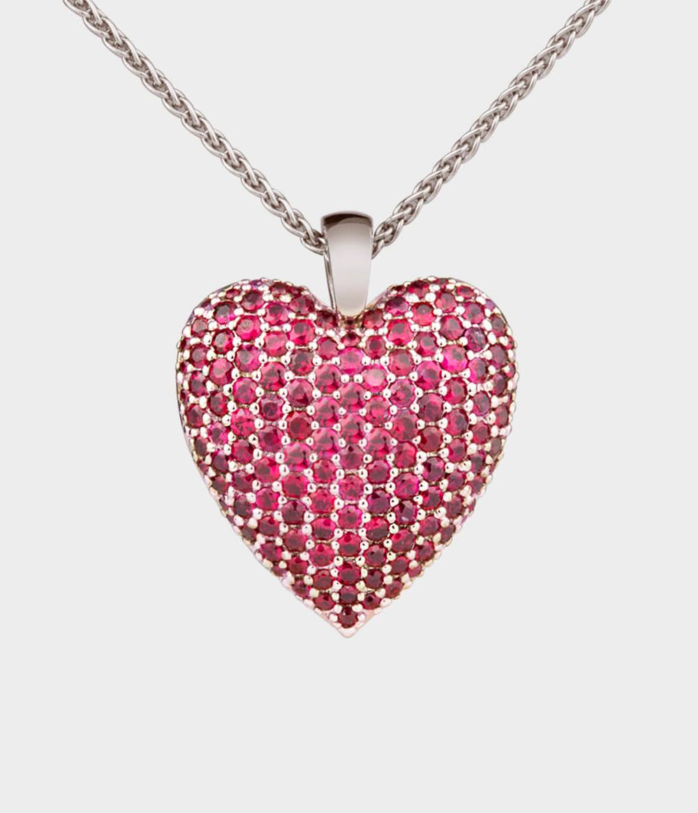 Strawberry Heart Necklace / 18ct White Gold / Rubies