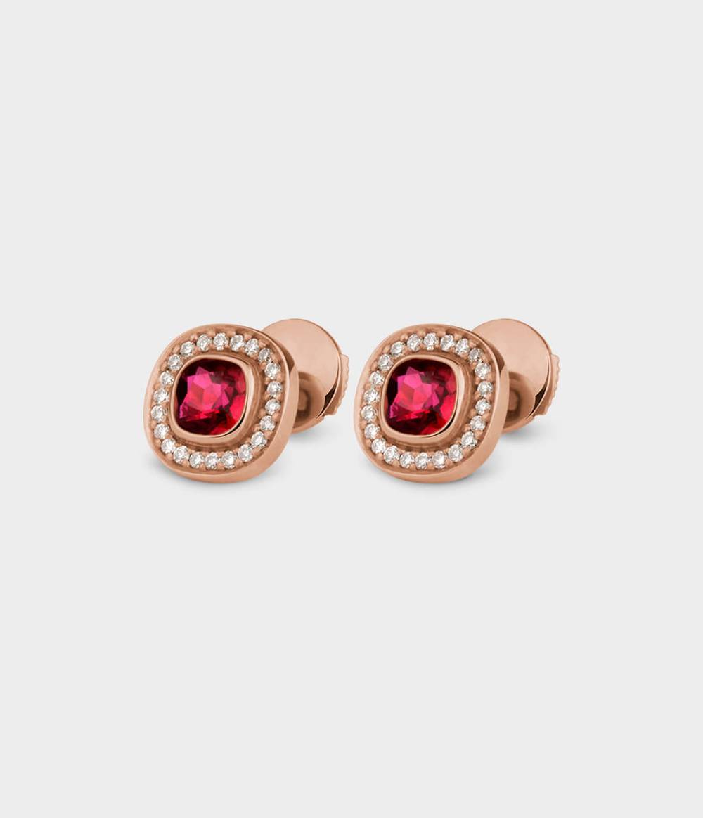 Halo Cushion Cluster Earrings in 18ct Rose Gold Rubies and Diamonds