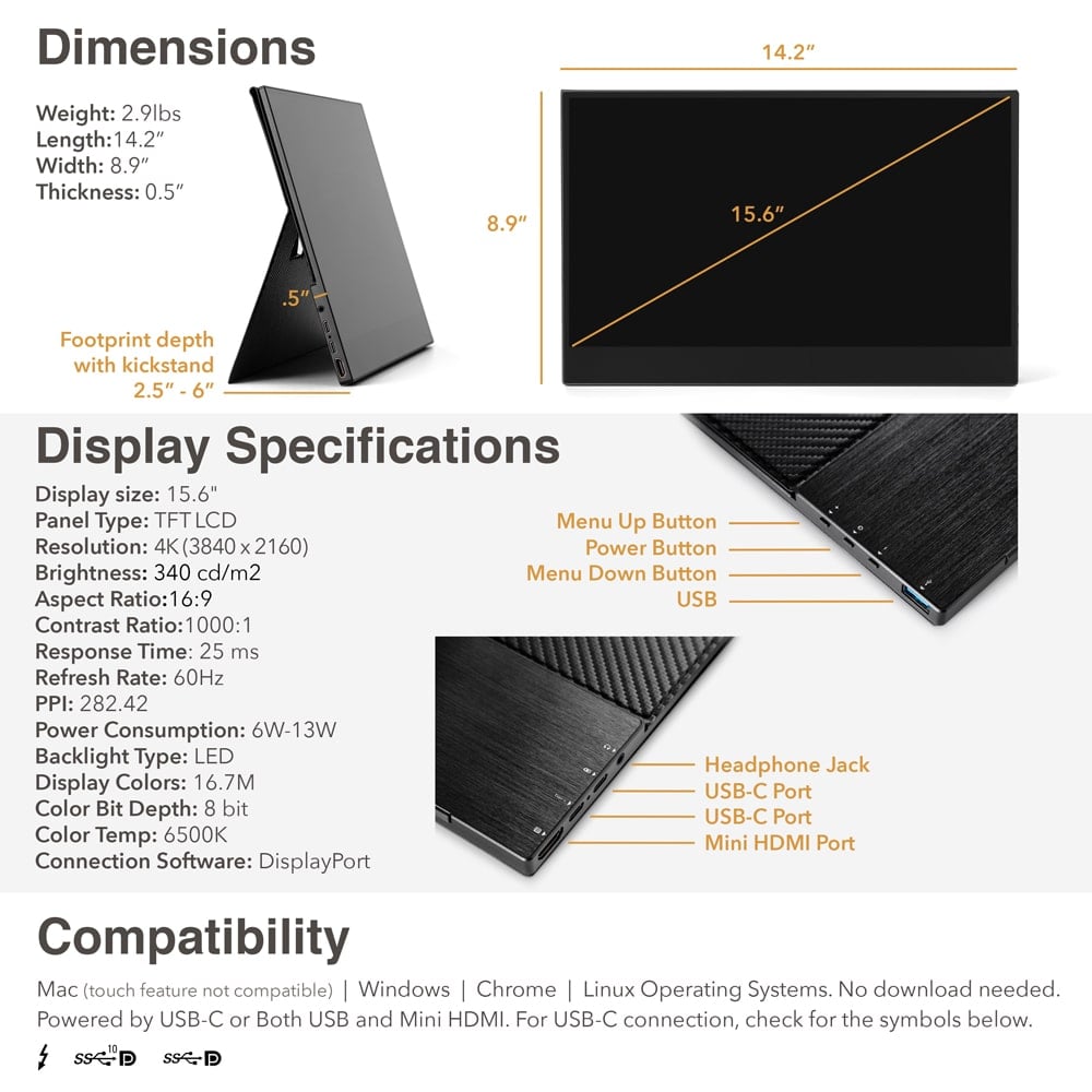 15.6  4K  Touch  Solo  Side Trac  specs and dimensions for solo 4k touch dual monitor