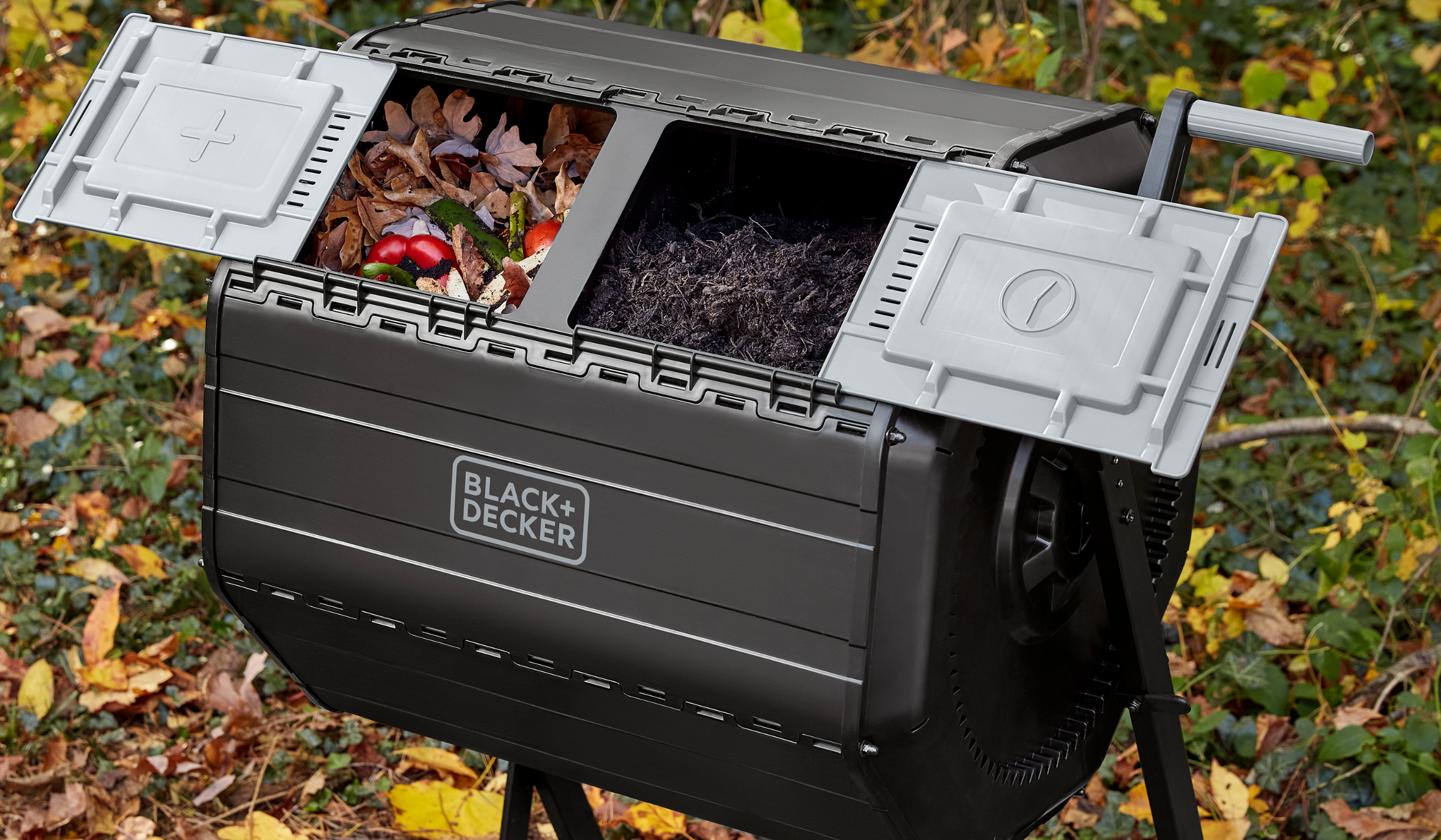 BLACK+DECKER tumbling composter with pre compost and final compost.