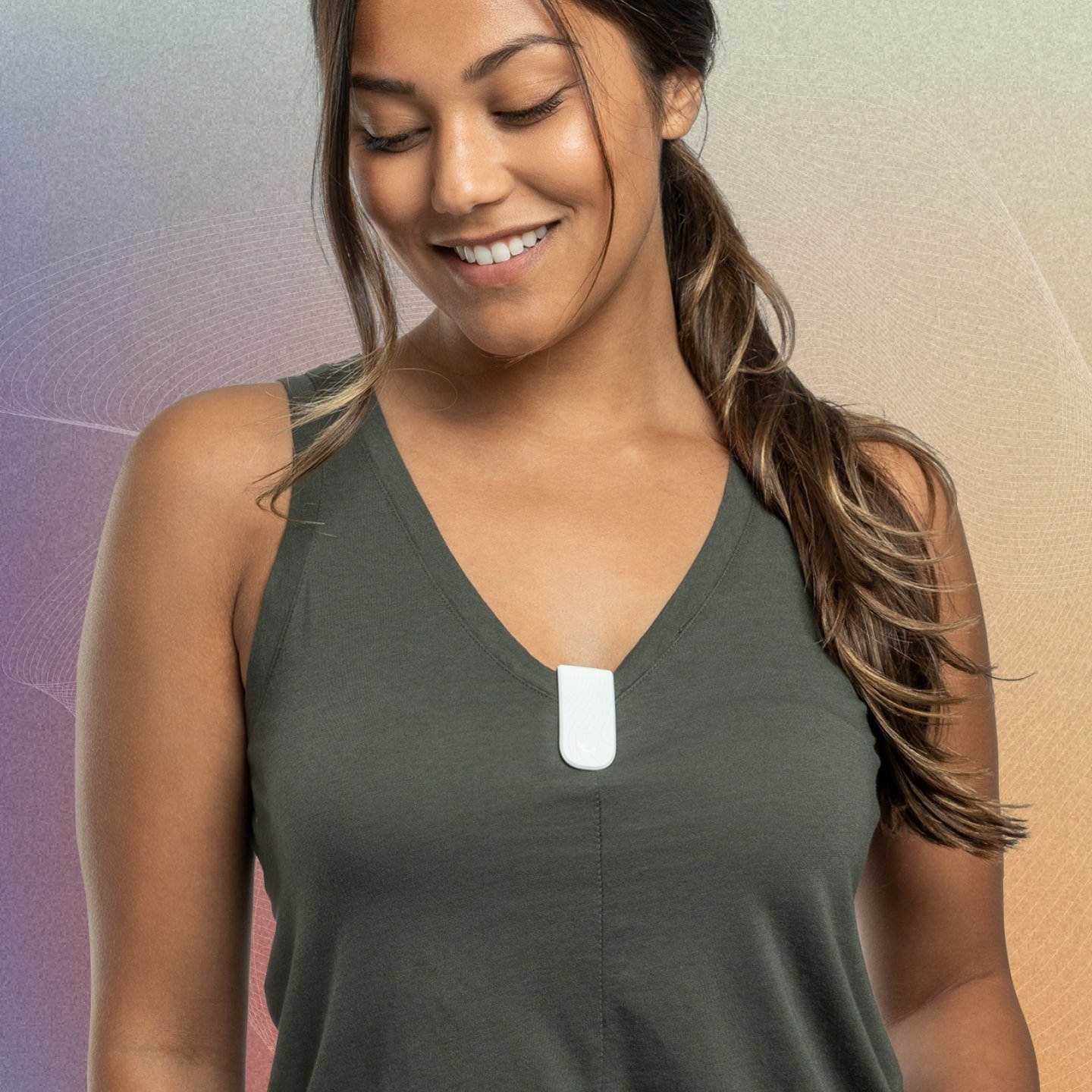 Female wearing Apollo Clip on shirt