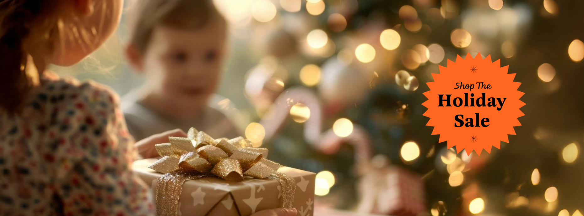 Children wrapping presents purchased from the holiday sale collection