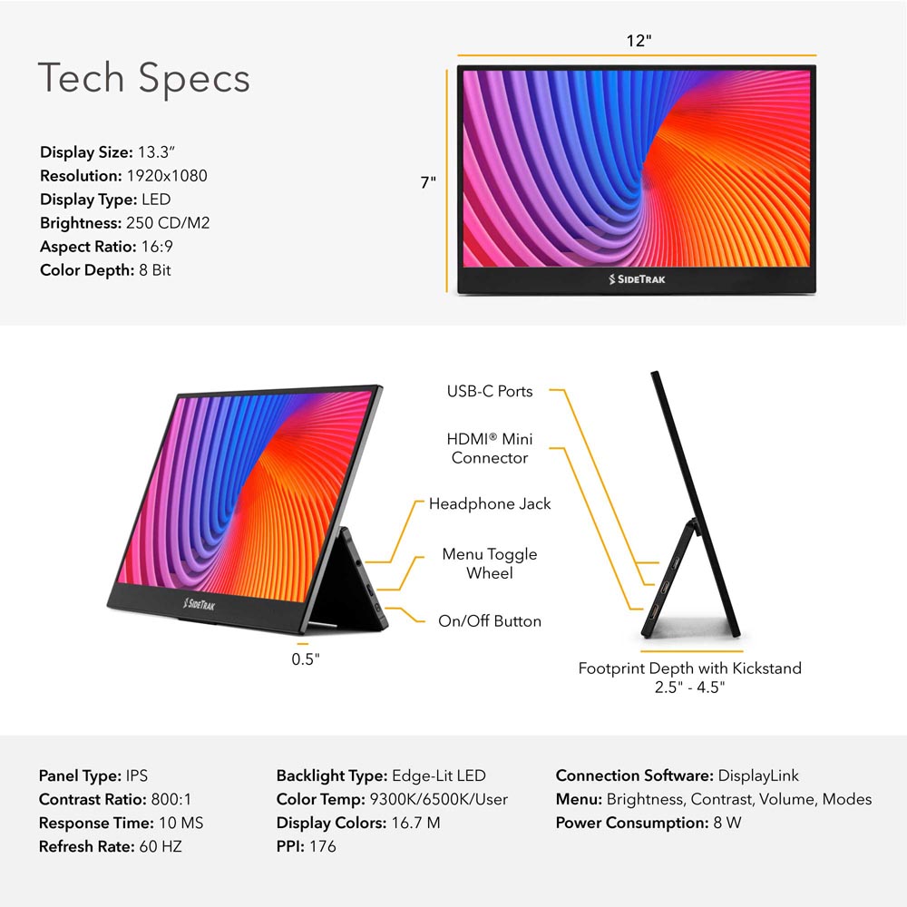 Specs of the SideTrak Solo Pro 13'' portable monitor