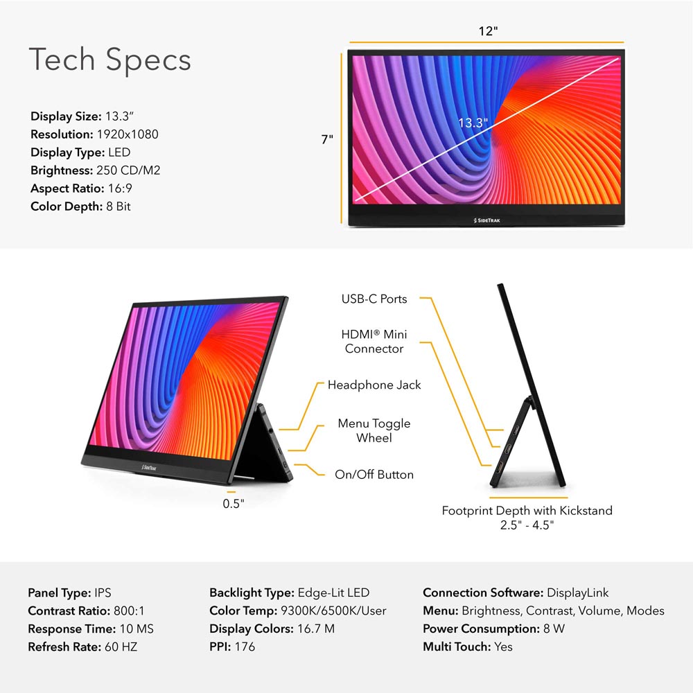 Technical specifications of the SideTrak Solo Pro Micro 13'' portable freestanding monitor. 