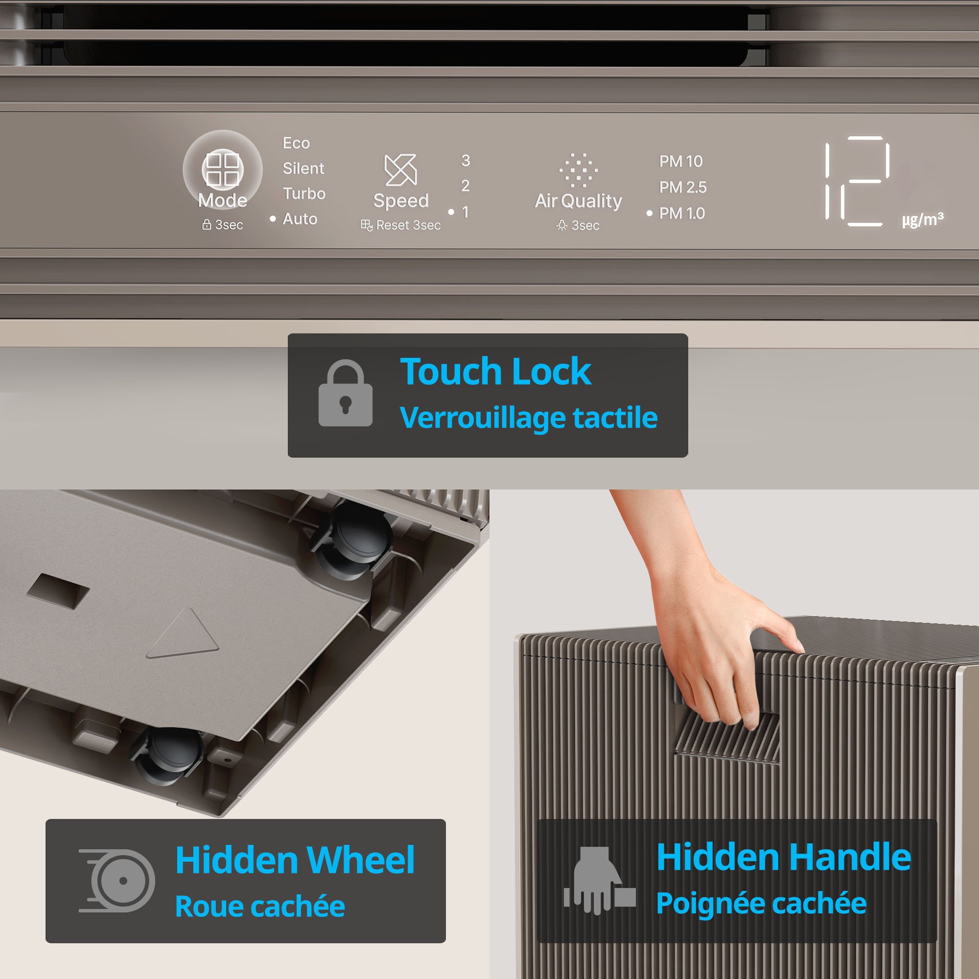 feature such as panel lock, hidden wheel, and hidden handle
