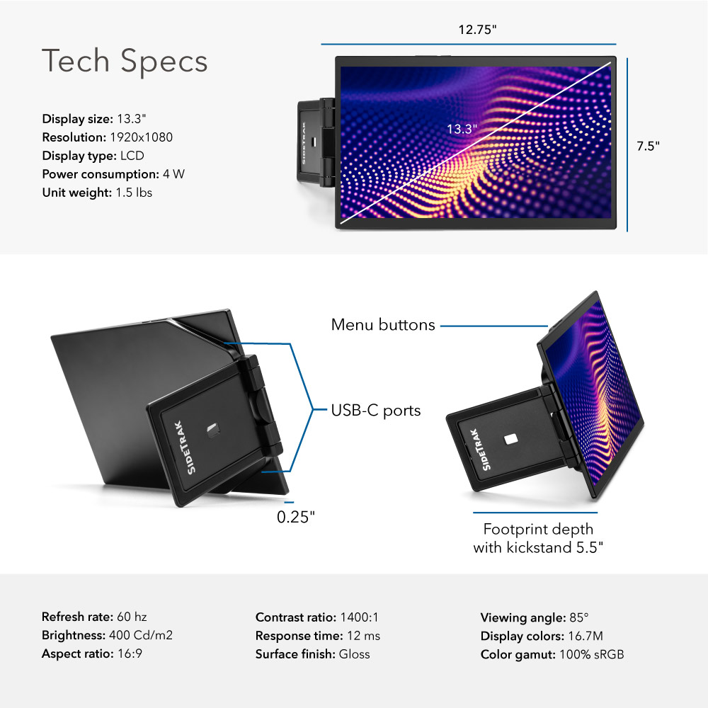 The tech specs for the Swivel Pro portable monitor.