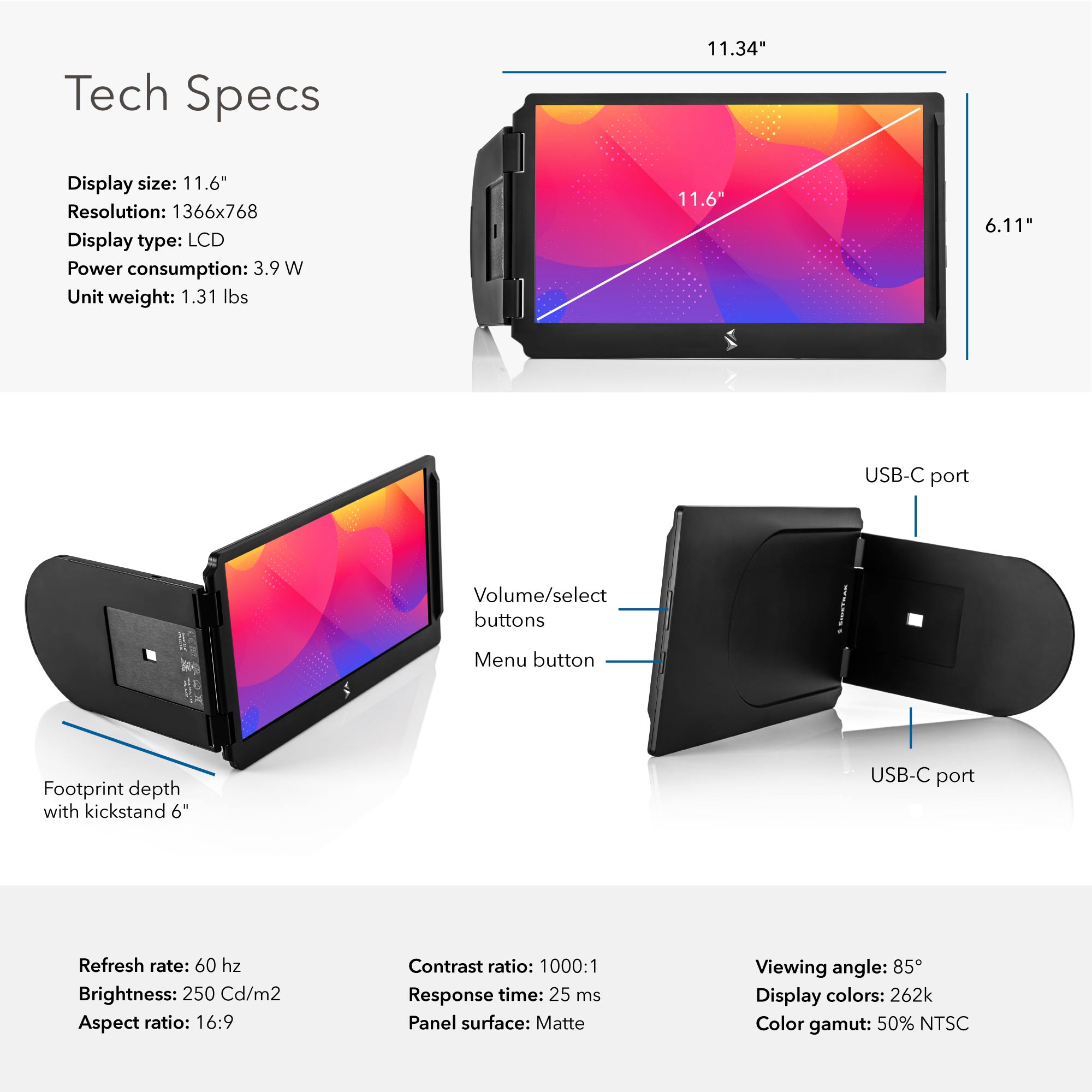 technical specifications of the SideTrak Swivel Essential portable monitor