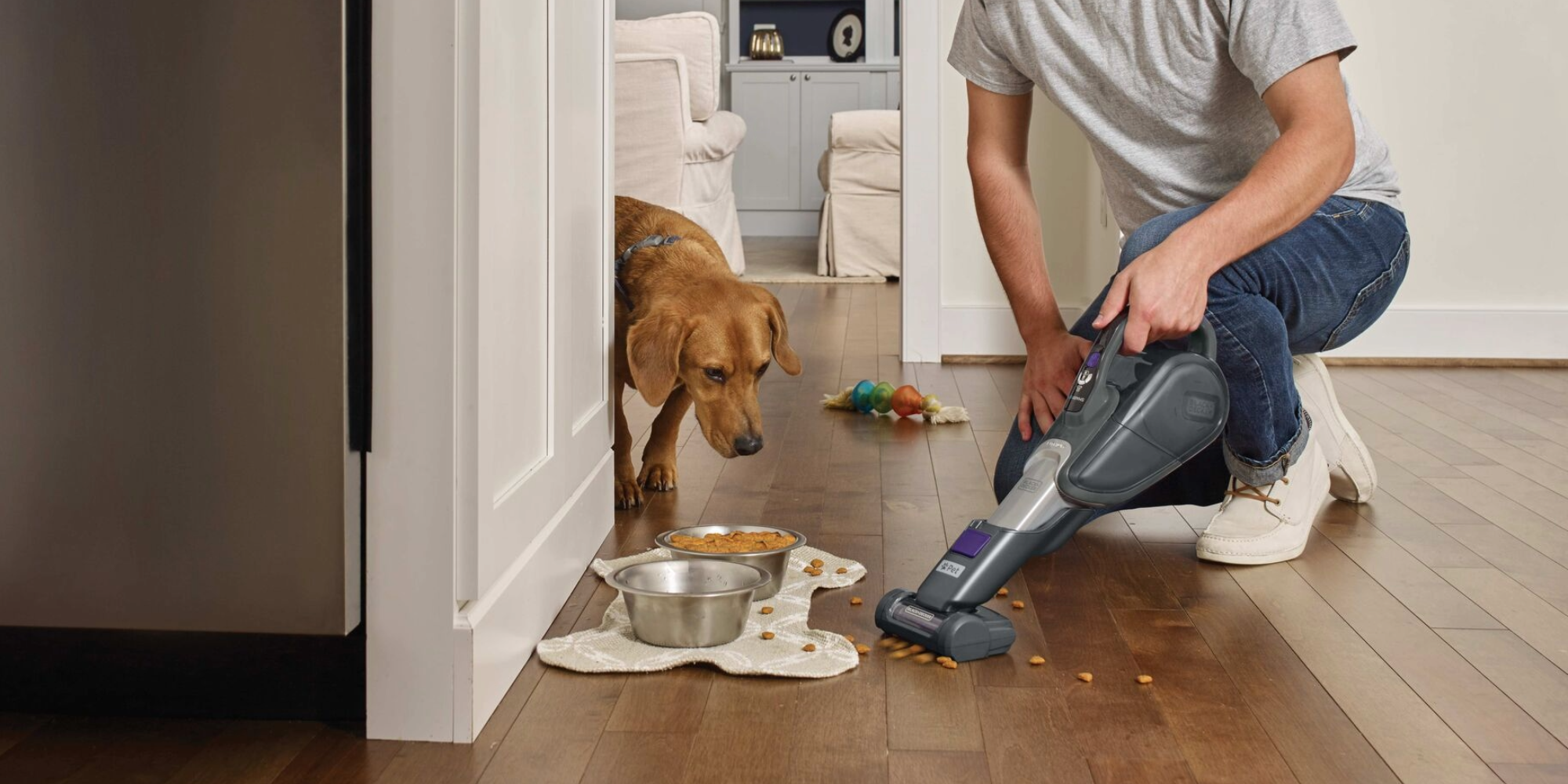 man using handheld vac near dog