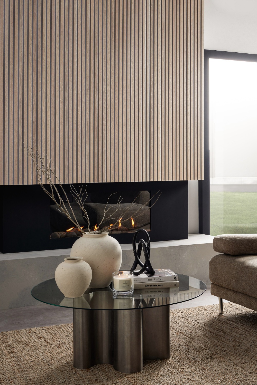 Roomset image showing Washed Oak SlatWall panel covering chimney breast above a fire place.