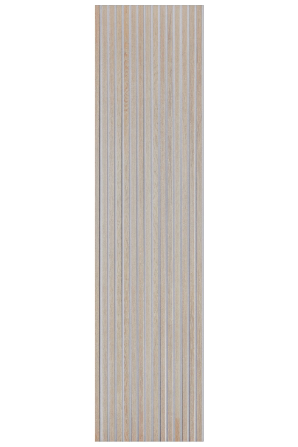 Image showing full size washed oak slatwall panel on a grey felt backing.