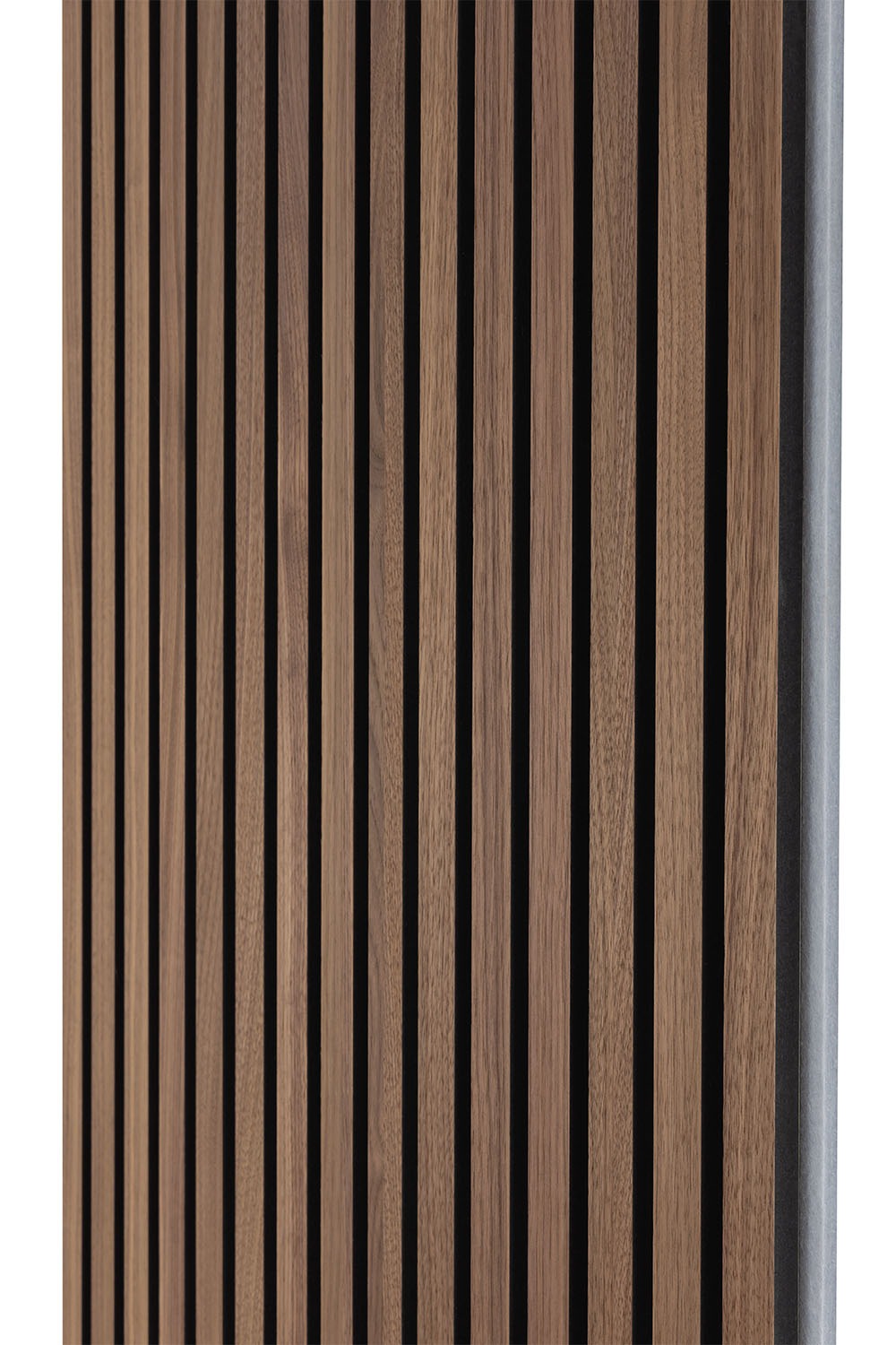 Deep Walnut SlatWall panel placed at angle to show veneer, dark coloured core, and grey felt backing