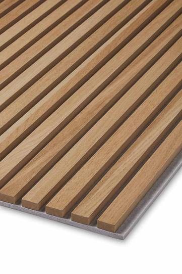 Close up of Natural Oak SlatWall wall covering. Shows oiled finished veneer on natural core and grey felt backing.