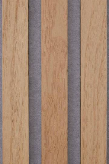 Close up of three oiled natural oak slats on a grey felt backing.