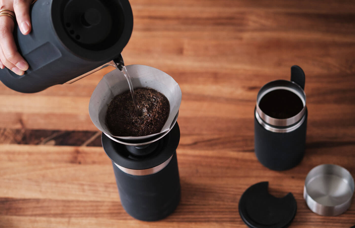 Brew pour over coffee anywhere with the included electric kettle