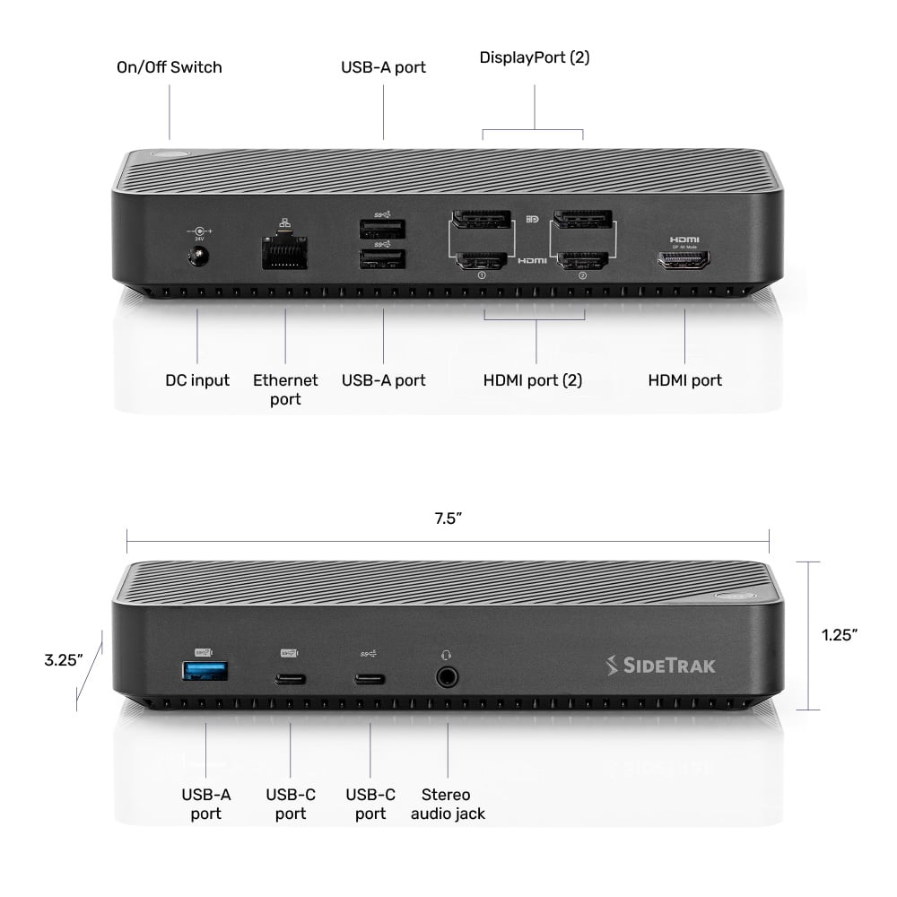 13 Port  Docking Station  SideTrak  13-Port Docking Station Hub  Detailed specification diagram of SideTrak docking station highlighting the dimensions and precise port arrangement, essential for tech-savvy consumers and space optimization.