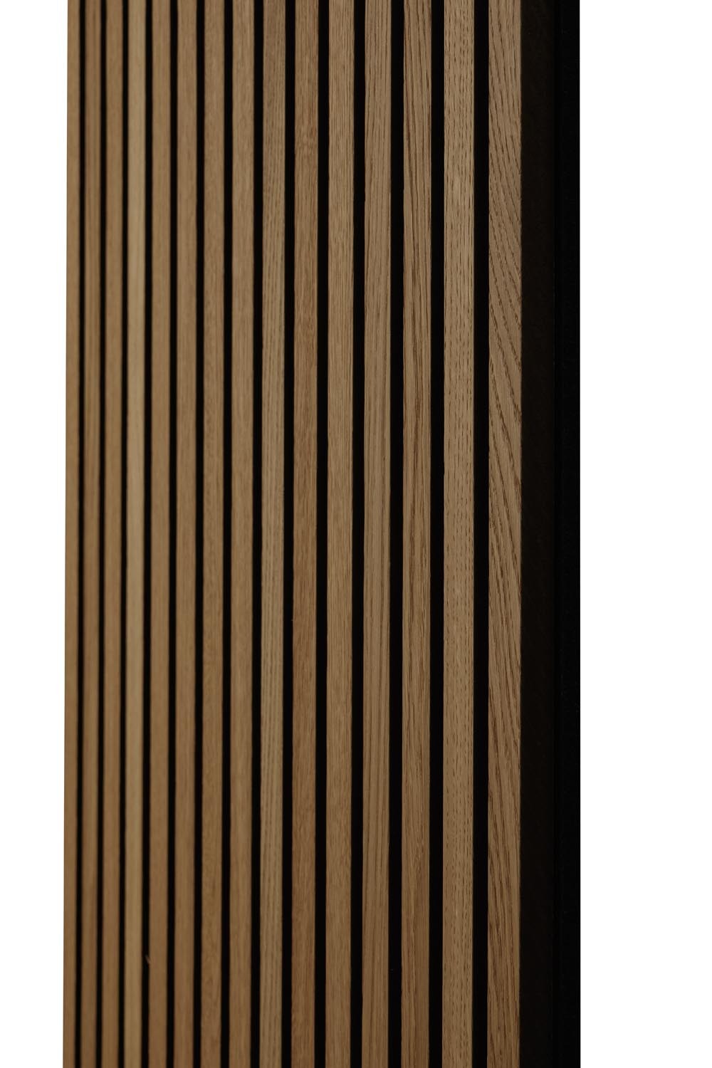 Side view of SlatWall Mini Natural Oak and Black showing black mdf core