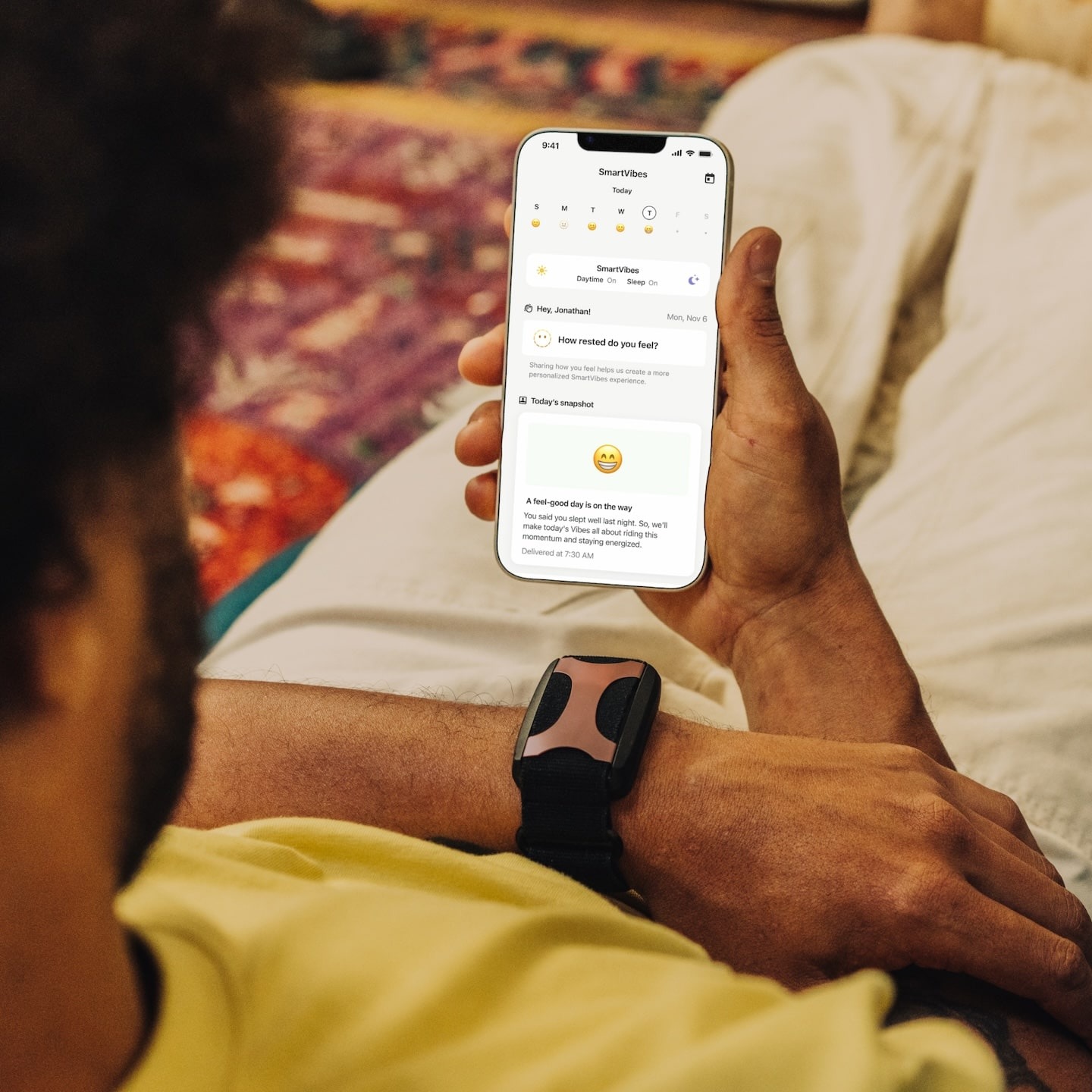 Man wearing Apollo in Twilight on his wrist while using the Apollo app