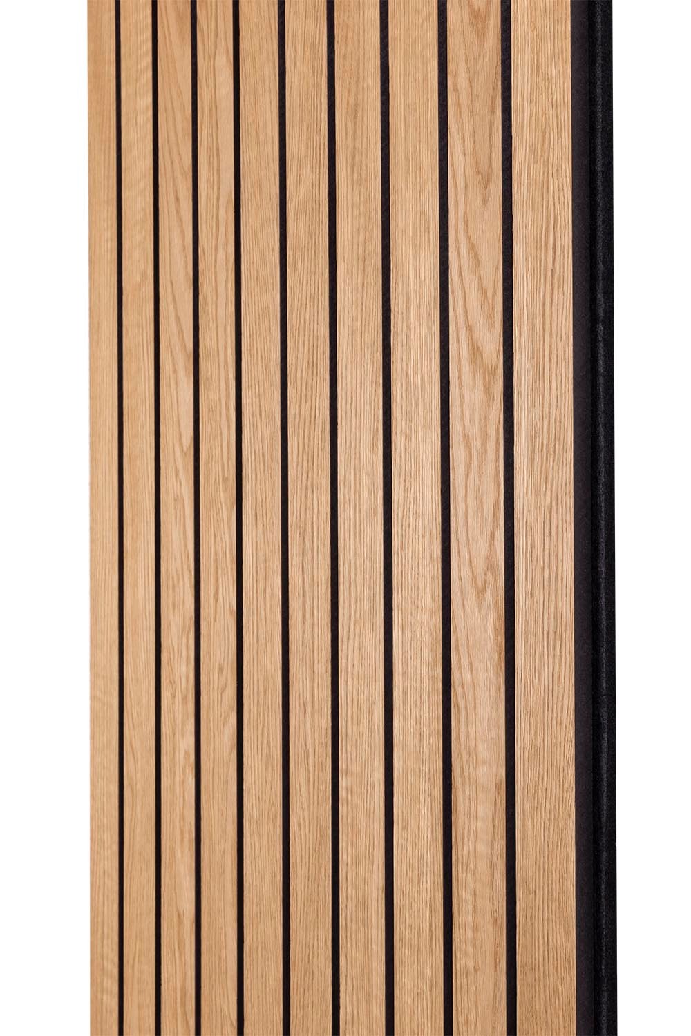 Side view of the Natural Oak SlatWall Grand Panel from Naturewall, on black felt backing.