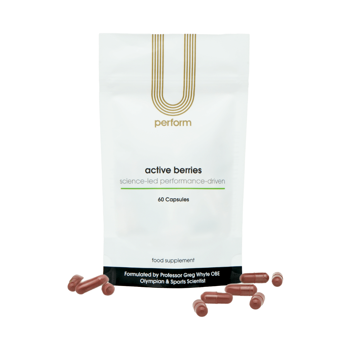 U Perform Active Berries antioxidant berry supplement blend red capsules next to product packaging white pouch